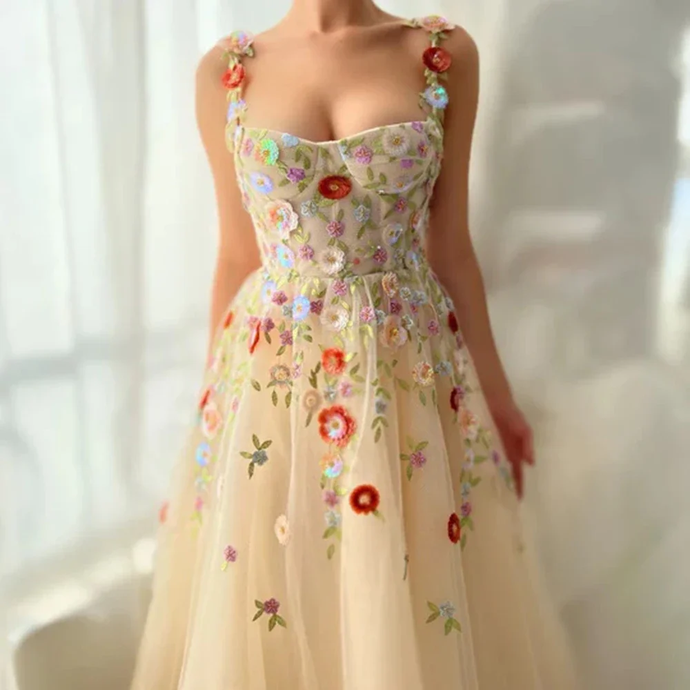 Customized Colourful Prom Gowns Strapless A-Line Spaghetti Strap Sleeveless Applique Flowers Draped Floor-Length Backless Tulle