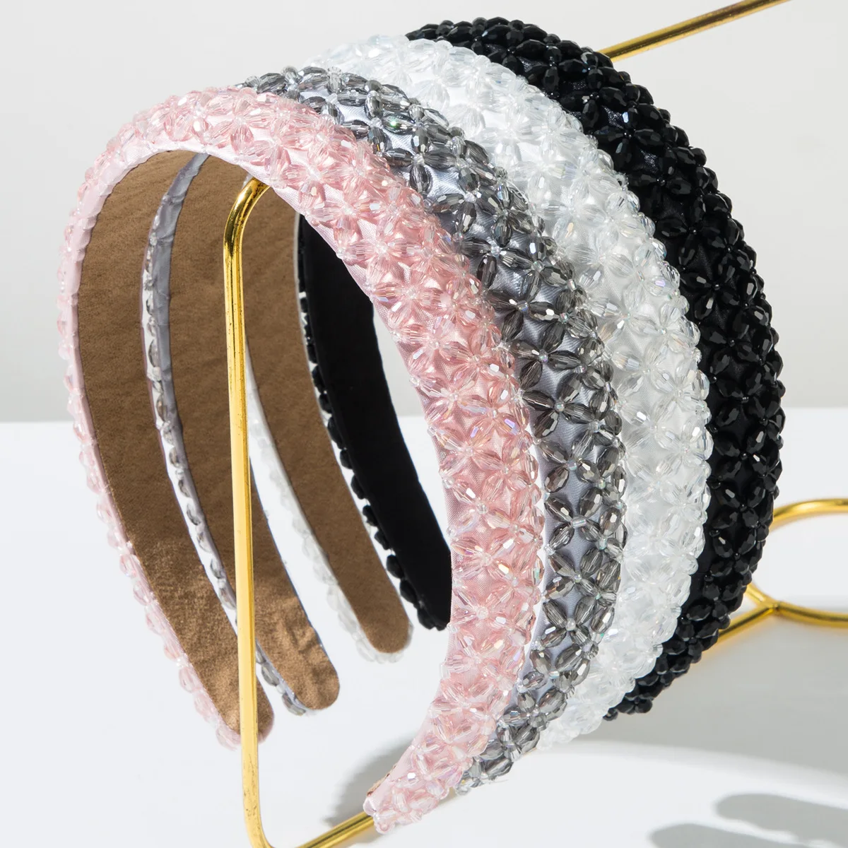 Korean Versatile Style Women Crystal Beaded Wide Headband Full Rhinestone Padded Hair Hoop Bling Wedding Party Hair Accessories