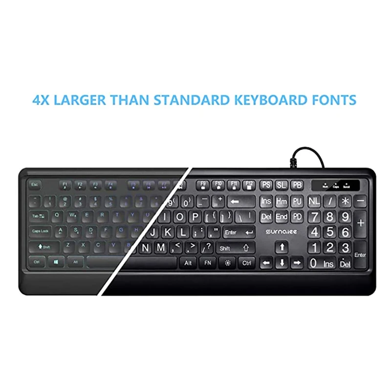 LED Backlit Keyboard 104 Keys Standard Full Size USB Wired Backlit Keyboard Big Print Letter with White Illuminated