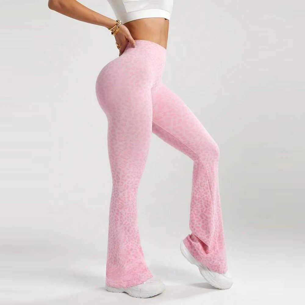 Leggings léopard évasés pour femmes, pantalons d'entraînement, de Fitness, de Yoga, froissés, collants de levage des fesses, taille haute