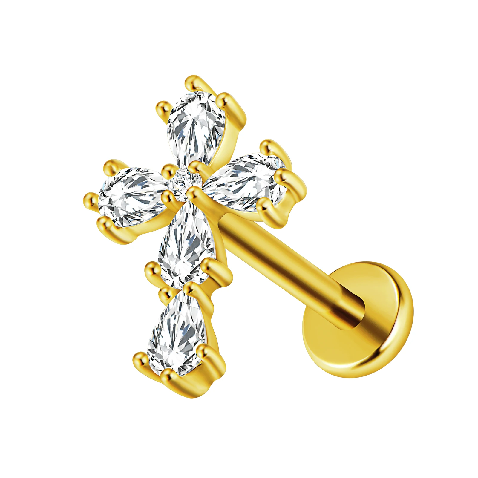 100% 316L Surgical Steel Cross CZ Earrings Labret Piercing Internal thread Wing Cartilage Helix Flat Back Body Jewelry