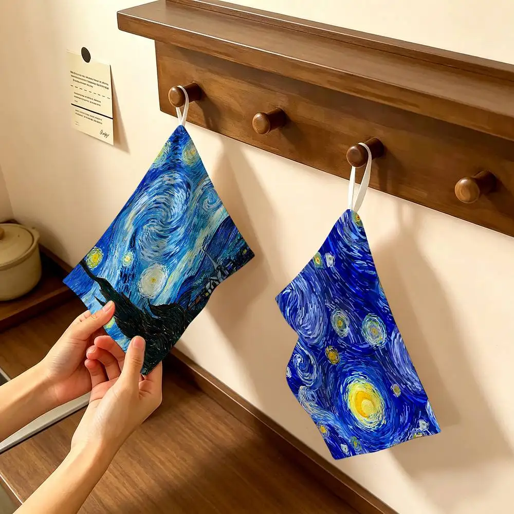 Van Gogh Oil Paintings Thickened Polyester Cotton Hanging Towel, High Absorbent Hand Wiping Towel for Indoor Use