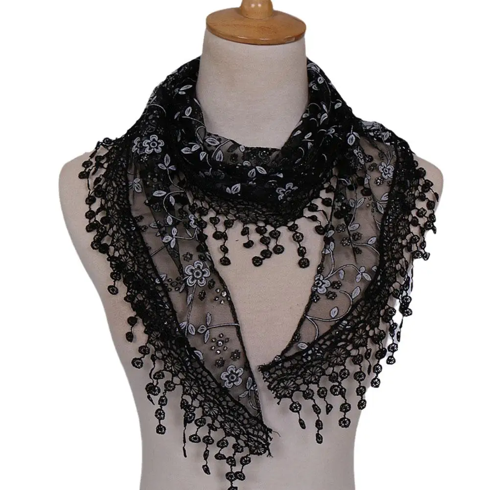 Lace Hollow Triangle Scarf para mulheres, respirável, transparente, xale, elegante, cor sólida, padrão de flor, Tria G4A8