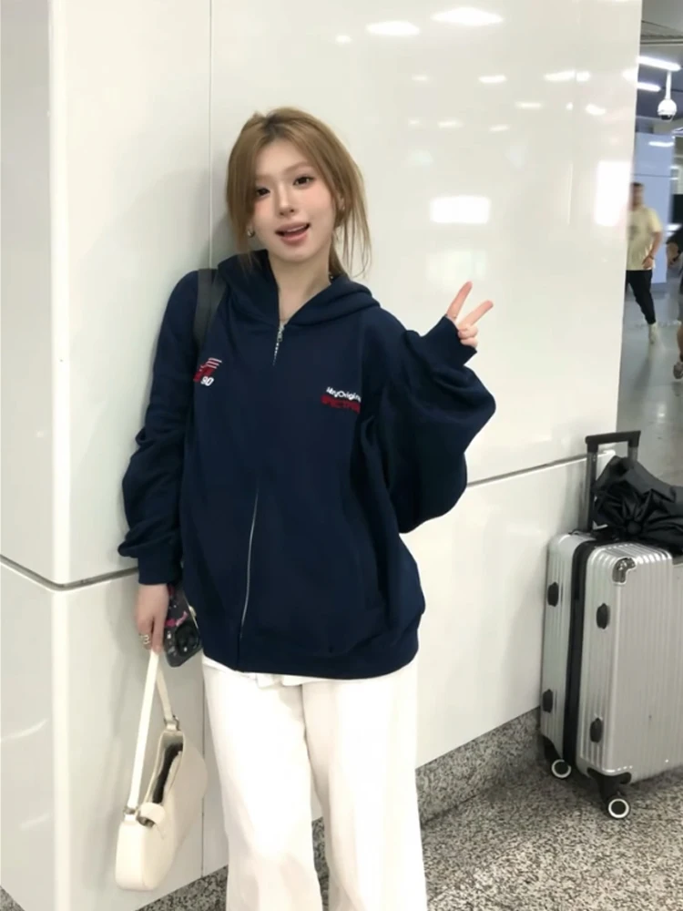 레트로 아메리칸 니트 모자 스웨트셔츠 여성용 봄 가을 신상 오버사이즈 하이 스트리트 커플 코트 자수 긴팔