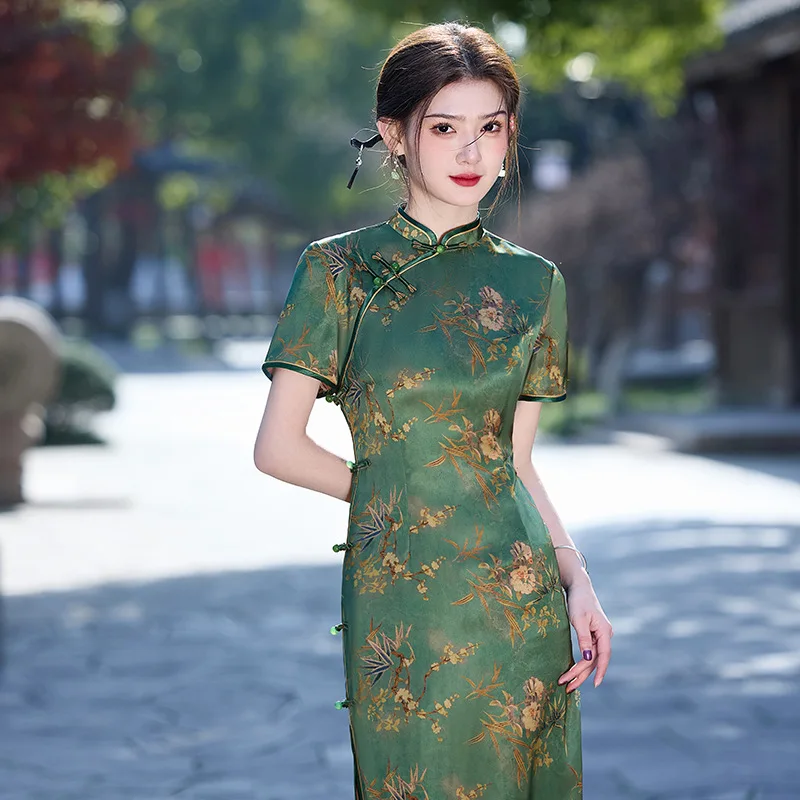 Yourqipao Double-layer Long Elegant Retro Improved 2025 Green Cheongsam Chinese Traditioonal Qipao Celebrity Evening Dress