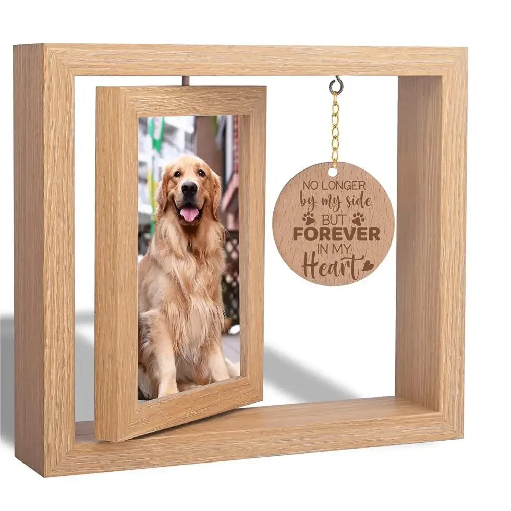 Pet Memorial Wooden Photo Frame Rotatable Double-sided No Longer By My Side But Forever in My Heart 4x6-Inch Desktop Dog Cat Pic