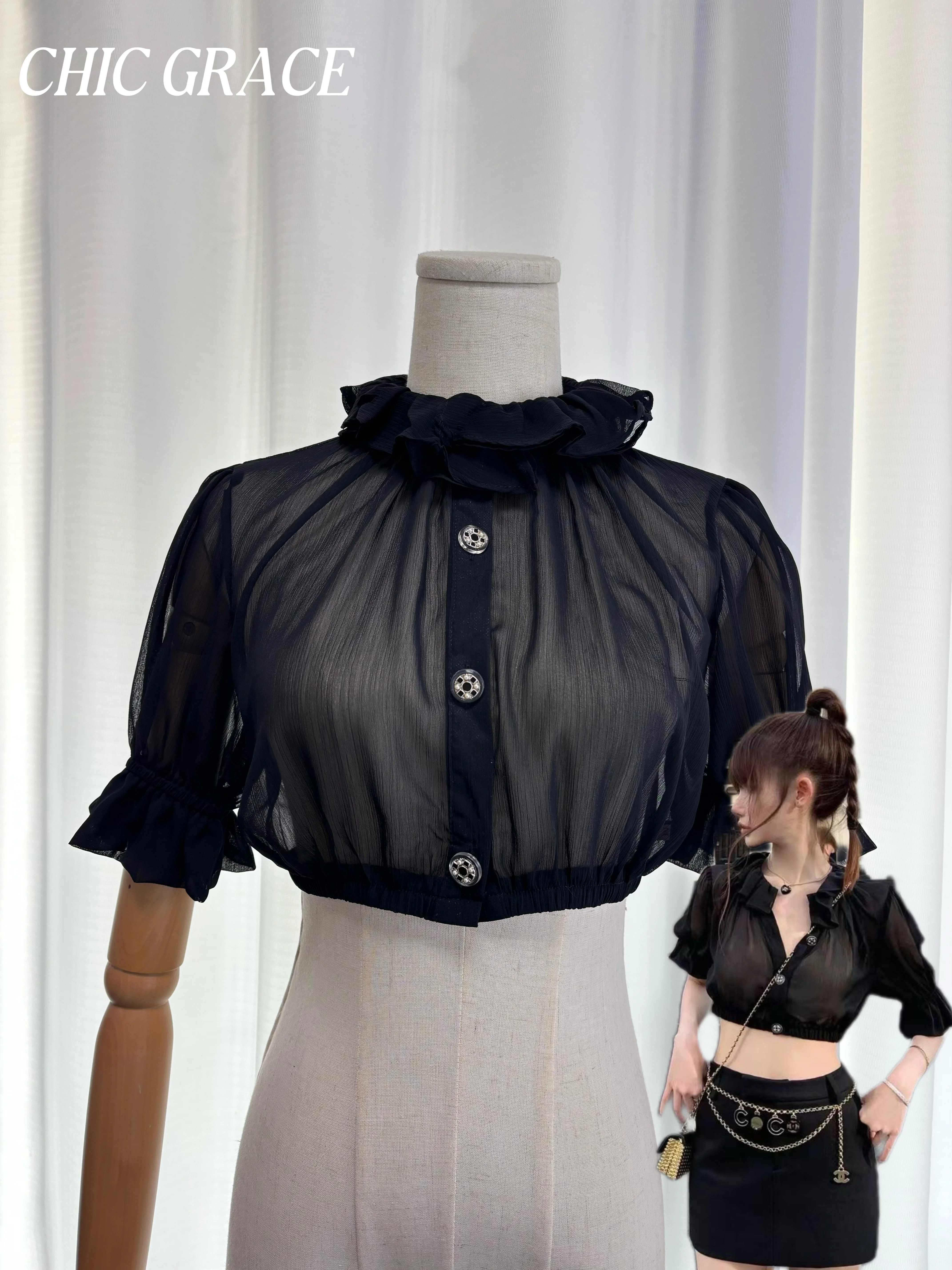

Real Shot Jennie Inspired Summer Sheer Ruffle Collar Crop Top Women's Slim Fit Chic Elegant Short Blouse Black & White Versatile