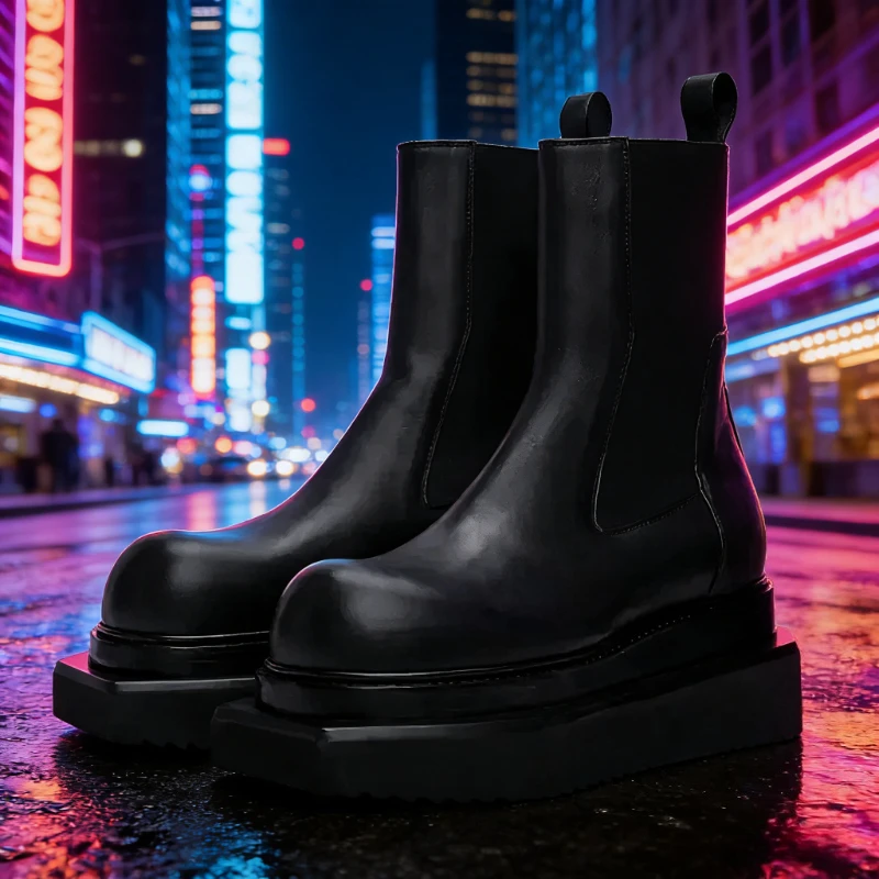 Street Fashion Motorcycle Boots Men Platform Chelsea Boots Genuine Leather Handmade Designer Men High Top Sneakers Winter Shoes