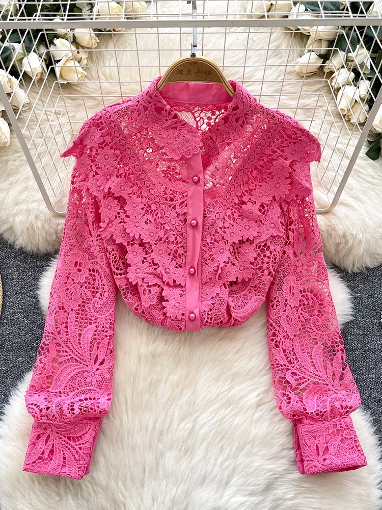 

Spring Autumn Lace Long Sleeved Shirt Women's New French Retro Hollow Hook Flower Embroidery Versatile Pearl Button Blouse C163