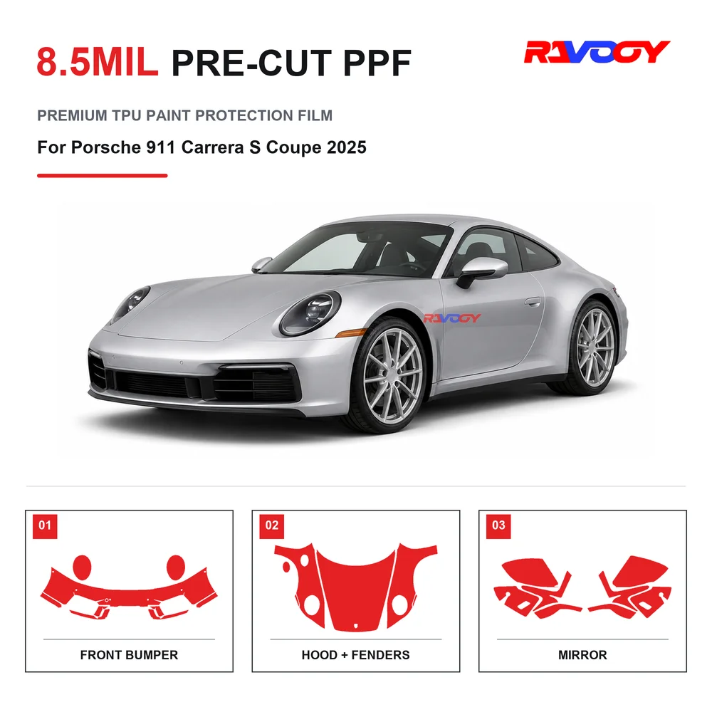 Film de protection de peinture transparent en TPU 8,5 mil pré-découpé auto-cicatrisant hydrophobe anti-éclats pour Porsche 911 Carrera S Coupé 2025