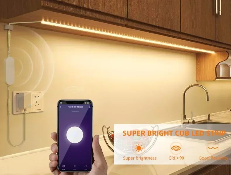 Under Cabinet Collection Display COB LED Strip Light Bookcase Wardrobe Closet Lamp Tape Penetrable Wood Dimmable Touch Sensor