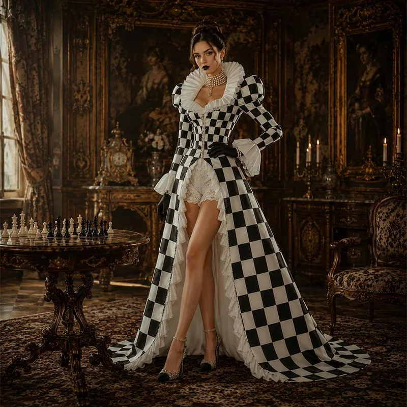 Custom Made Black White Checkerboard Ball Gown Gothic Vintage Rococo Court Formal Dress Women Halloween Dress