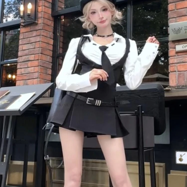 Spitze Patchwork Hemd Overall Set College Stil Schuluniform Zwei Stück Set Hohe Taille Abnehmen Kurzen Rock Zwei-stück Set