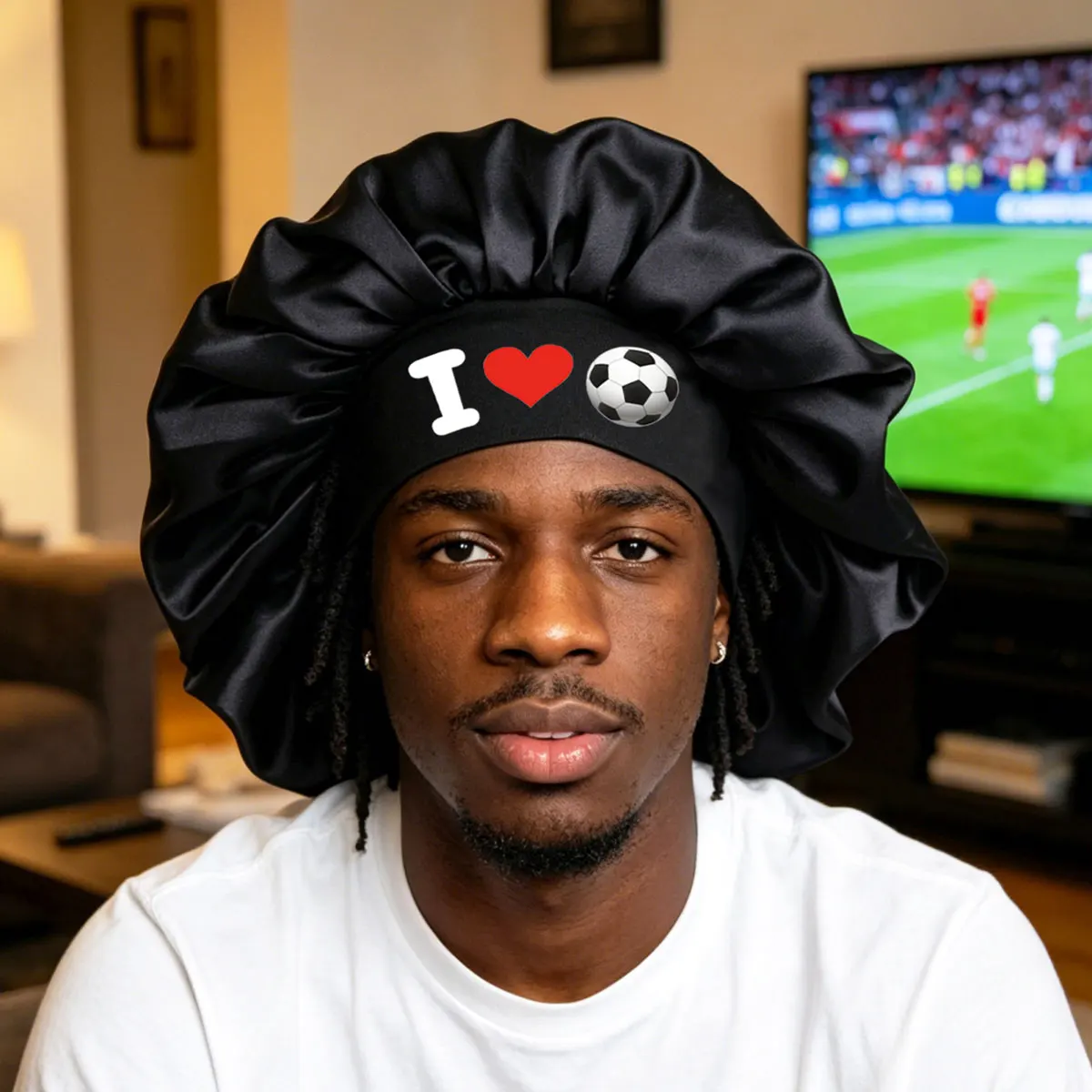 Comfortable Wide Brim Sleep Cap 'I Love Football' Nighttime Hat Design for Gentle Care Suitable for Fashionable Ladies And Men