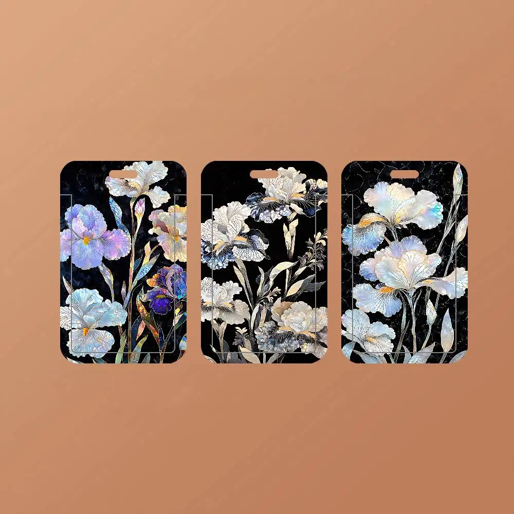 Mother Pearl Floral Print Cute ID Card Holder Badge Cover PVC Card Case Student Work Card Holder Gift For Girls