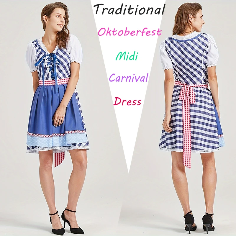 

Oktoberfest Costume Germany Women Beer Dirndl Bavaria Blue Red Plaid Dress Apron Set Outfit Beer Party Halloween Fancy Dress