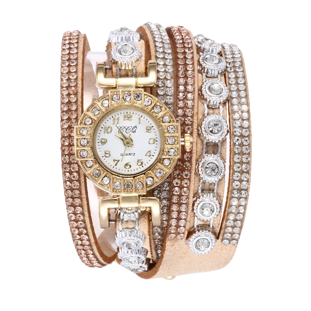 أزياء حجر الراين Blingbling جلدية التفاف كوارتز ساعة نسائية #4