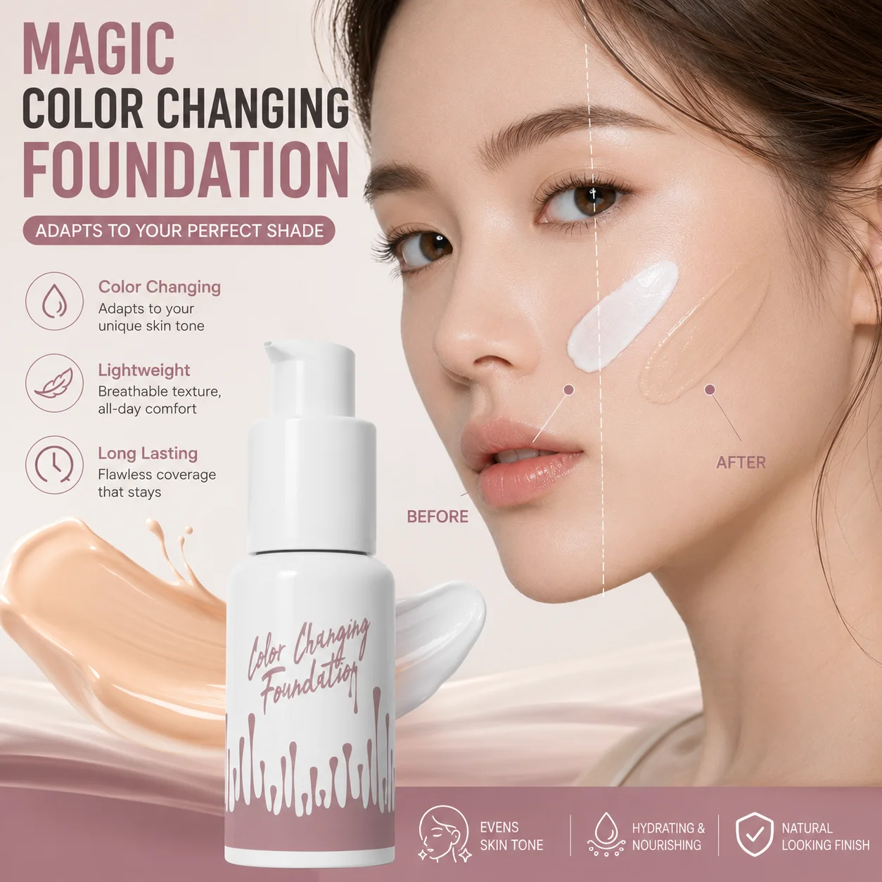 Magic Color Changing Liquid Foundation Moisturizing Longwearing Lightweight Tone Matching Flawless Makeup Face Base Cream