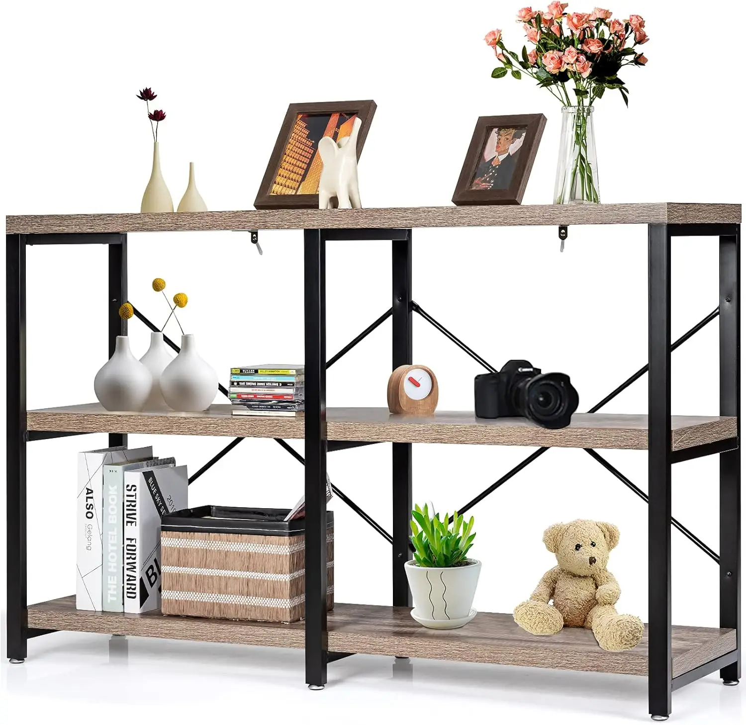 

Shelves, Industrial Foyer Table with Adjustable Feet, Living Room TV Stand, Long Hallway/Entryway Table with Open Bookshelf