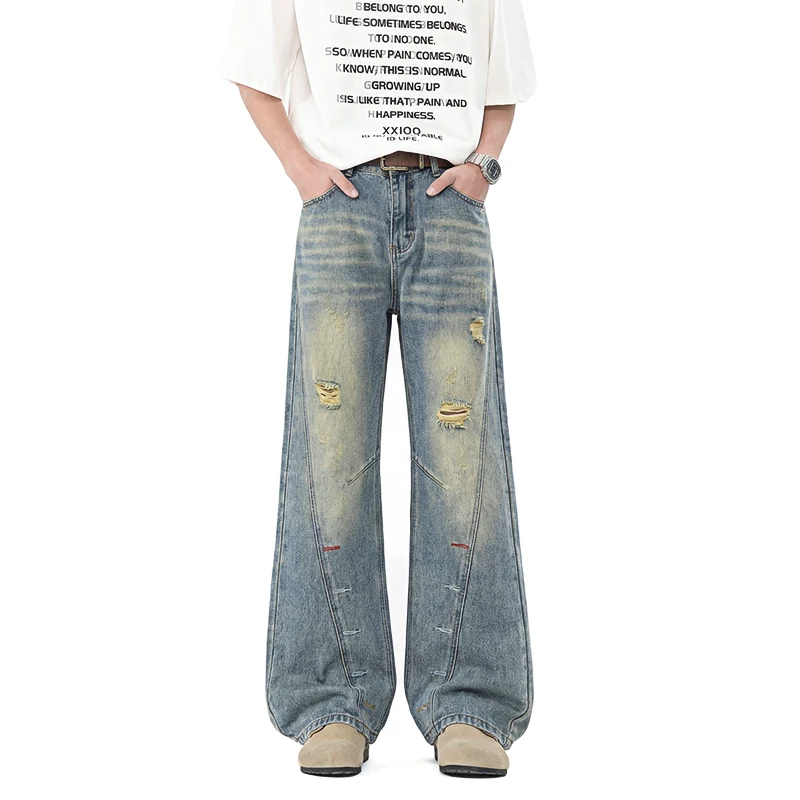 Men's Distressed Jeans Loose Straight Leg Vintage Ripped Denim Pants Elastic Waist Streetwear Trousers Colorful Stitching