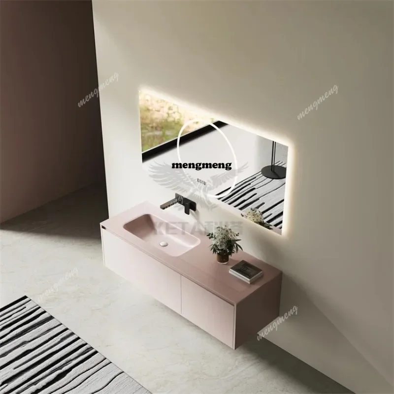 F182 Dirty Pink Frosted Tempered Glass Smart Mirror Hand Washbasin Washbasin Bathroom Bathroom Washbasin Cabinet