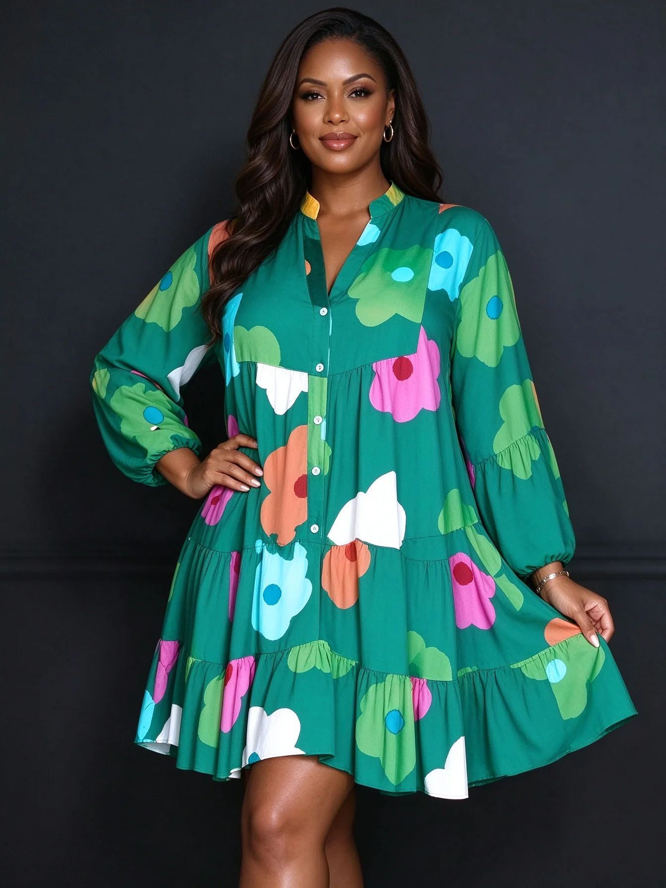 Damen-Blumenhemdkleid in Übergröße, lockeres V-Ausschnitt-Design, Knopfleiste, Puffärmel, lässiges, fließendes Tunika-Kleid – Detail 1