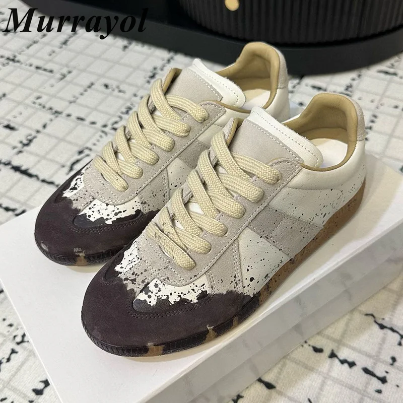 

New Round Toe Mixed Color Flat Shoes Splicing Lace-up Retro Casual Shoes Four Seasons Sneakers Outwear Walking Shoes Unisex