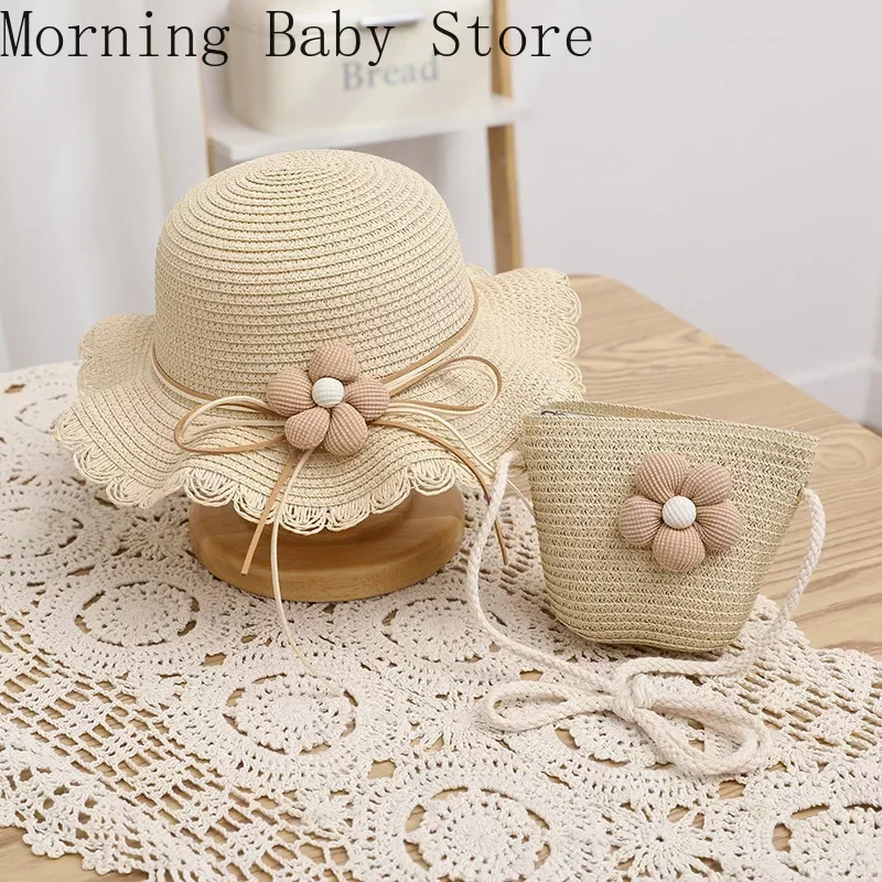 Fashion Flower Kids Girls Summer Caps Children Sunscreen Sun Hat Straw Hat Bag for Beach Baby Accessories for 2-8 Years Kids