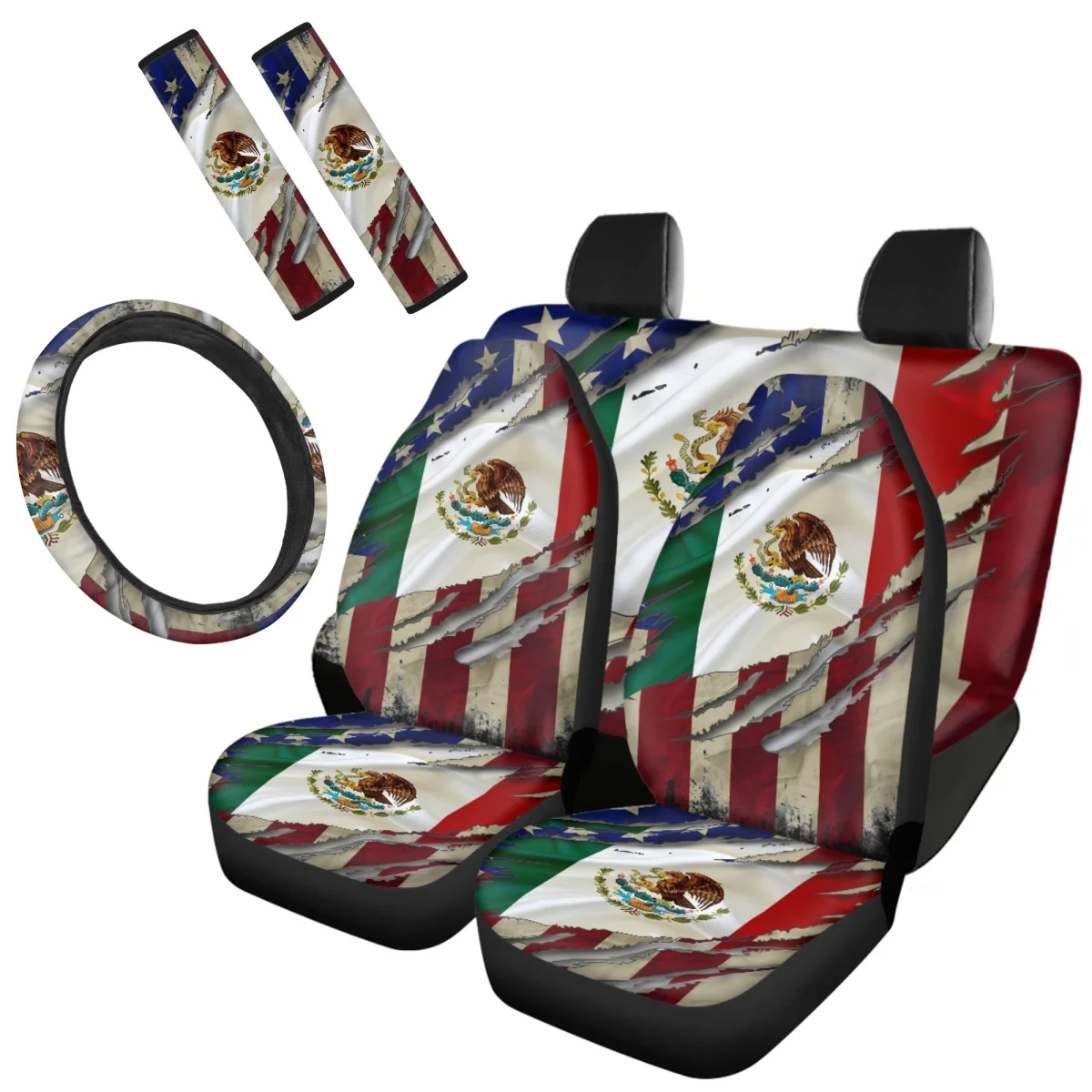 

Mexico Flag Pattern Auto Protector Easy to Clean Install SeatBelt Steering Wheel Interesting Anti-dirt Front Back Seat Cover Set