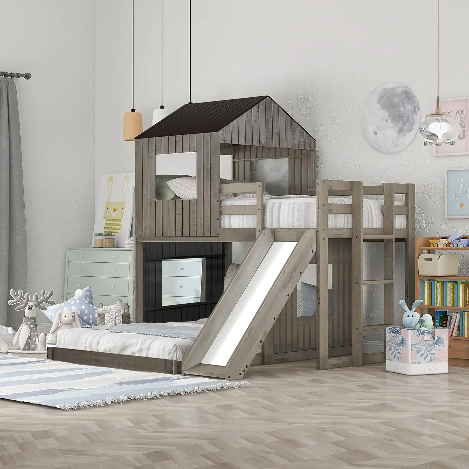 Bunk Bed for Kids Toddlers, Twin Over Full Bunk Beds with Slide, Playhouse Farmhouse Roof Window Guardrail Ladder, for Girl