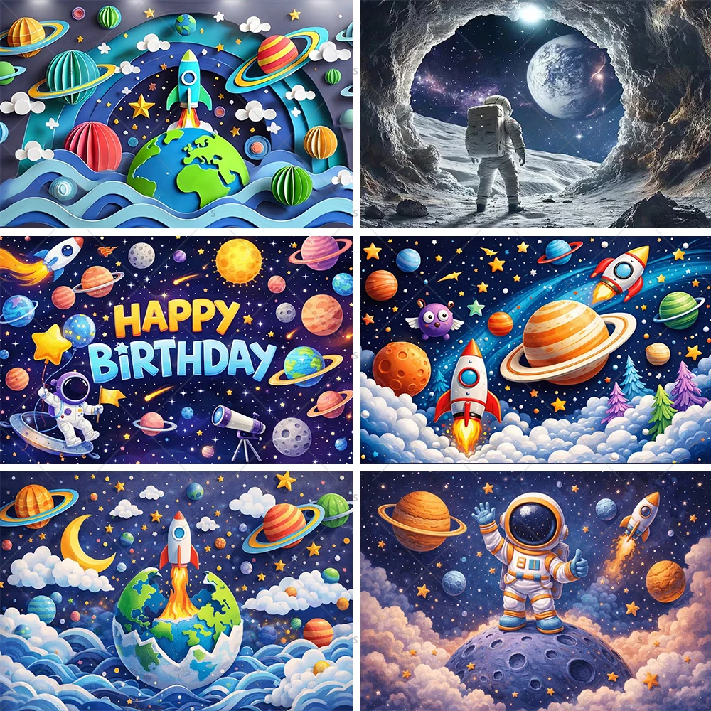 Astronauten-Weltraum-Abenteuer-Hintergrund Rakete Planet Astronaut Geburtstagsparty Dekoration Kulisse Banner Kinderfotografie-Zubehör