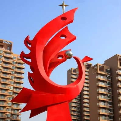 Garden Abstract Art Metal Bird Sculpture Small Red Phoenix Statue
