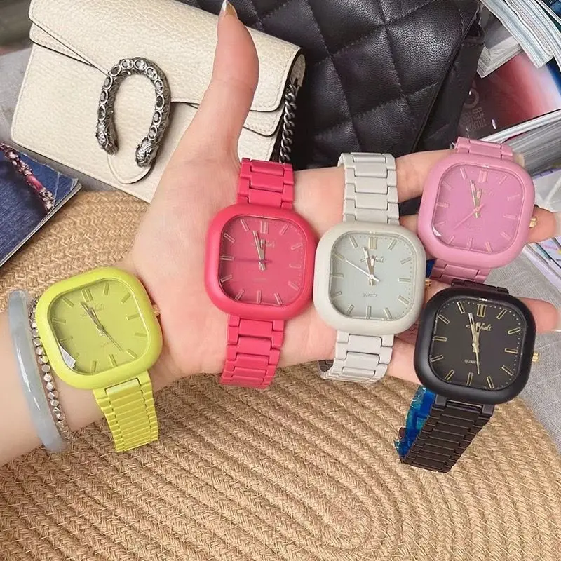 

New Candy Colored Square Casual Large Dial Quartz Women's Watch with Steel Strap Waterproof Pointer Watch Reloj