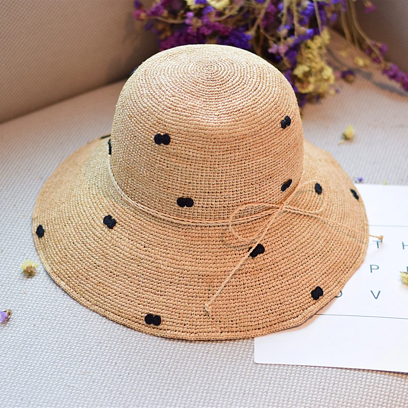 

French Natural Raffia Straw Hat Women Summer Sunshade Sun Protection Bucket Hat 10cm Big Brim Vacation Beach Basin Hat