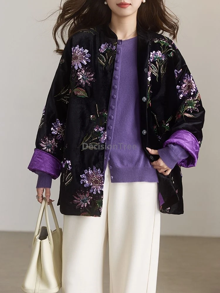 

2025 элитное хлопковое пальто с тяжелой вышивкой, новое теплое утепленное пальто в китайском стиле в стиле ретро, свободное элегантное осеннее пальто