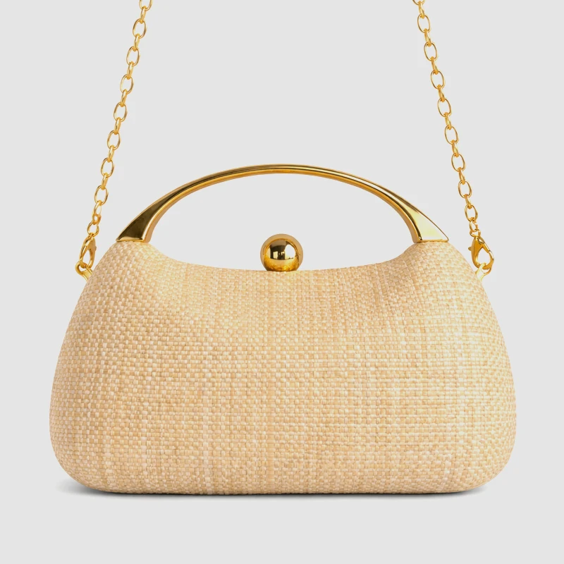 Shell-Shaped Clutch Evening Bags For Women Luxury Designer Handbags Purses 2026 New In Straw Weaving Metal Handle Chain Shoulder