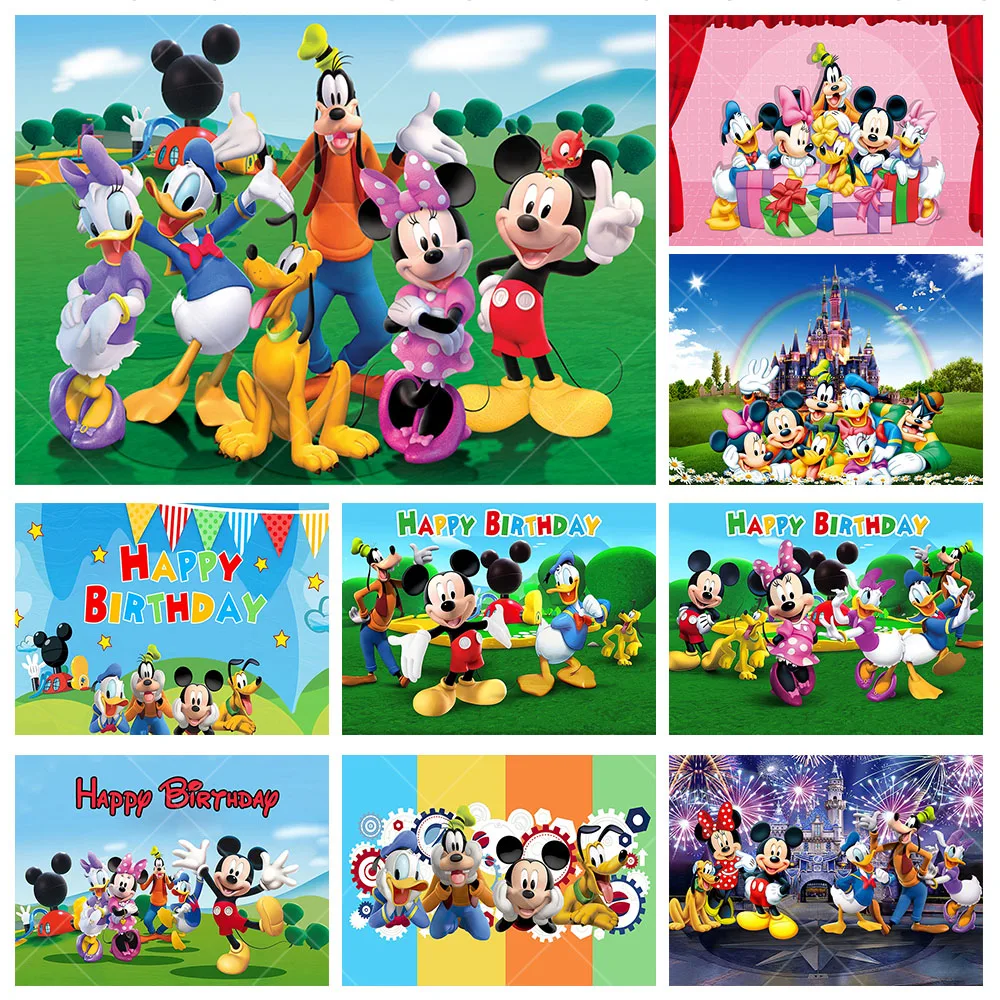 

Disney Mickey Minnie Mouse Family Backdrop Kids Birthday Background Donald Duck Polyester Vinyl Photography Decoration Props