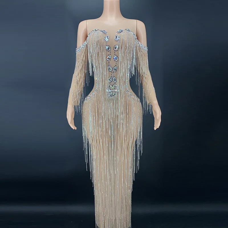

Diamond Birthday Clothing Rhinestone Tassel Handmade Evening Premium Dress Women's Elegant Long Sleeve Ball Sequin Sheer Dresses