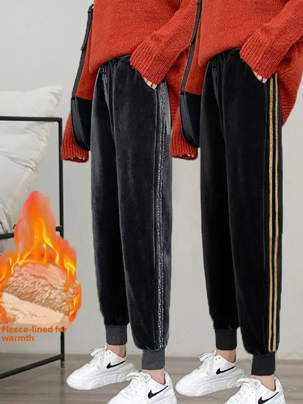 티엔드 Fce 벨벳 안감 스포츠 팬츠 여성용 겨울 따뜻한 BF 하란 스타일 루즈 캐주얼 스웨트팬츠 스트리트 스타일 하이웨이스트 폴리에스터...