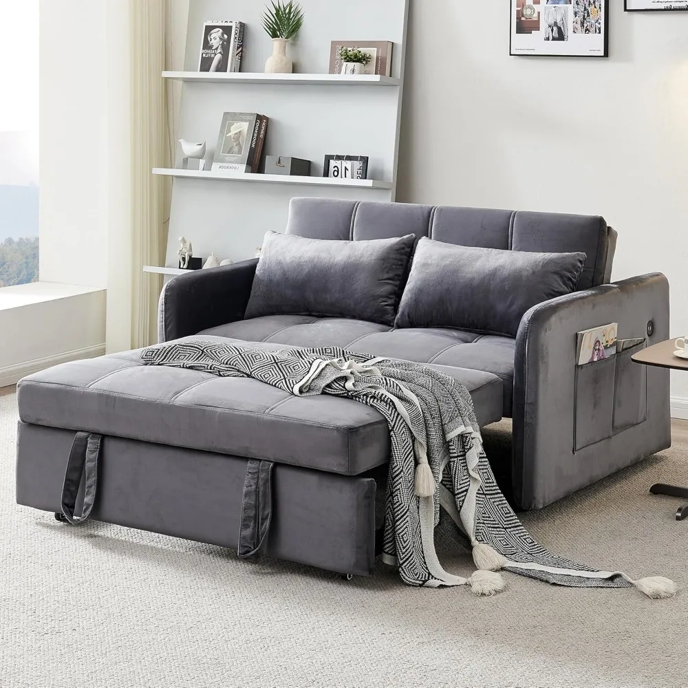 

Pull Out Couch with USB Ports 55.6'' Sleeper Sofa Bed with Adjustable, Reclining Backrest, Storage Pockets, Velvet Modern