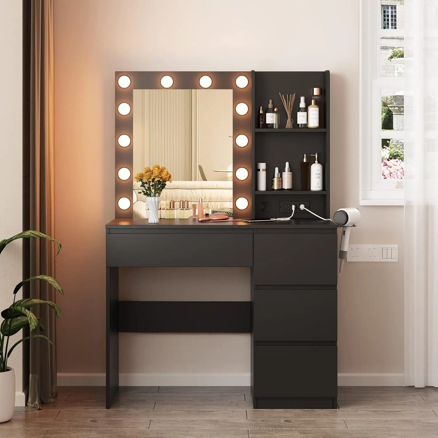 #Makeup Vanity Desk with Lighted Mirror Power Strip Drawers Lighting Colors Bedroom Dressing Table Black