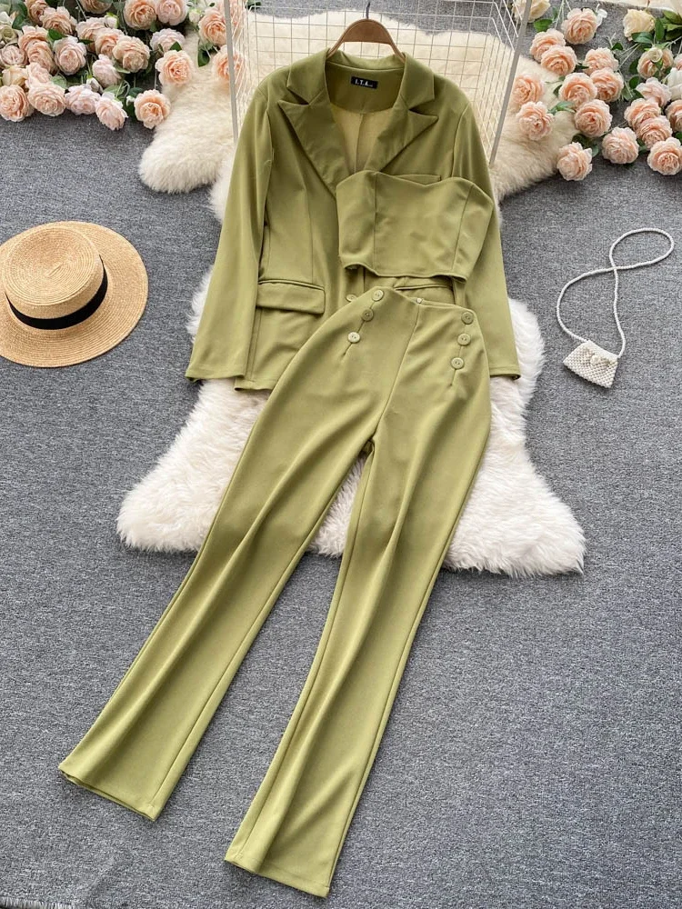 Women Streetwear Blazer Three Piece Sets Spring Autumn Casual Jacket and High Waist Pencil Pants Outfits Elegant Suits