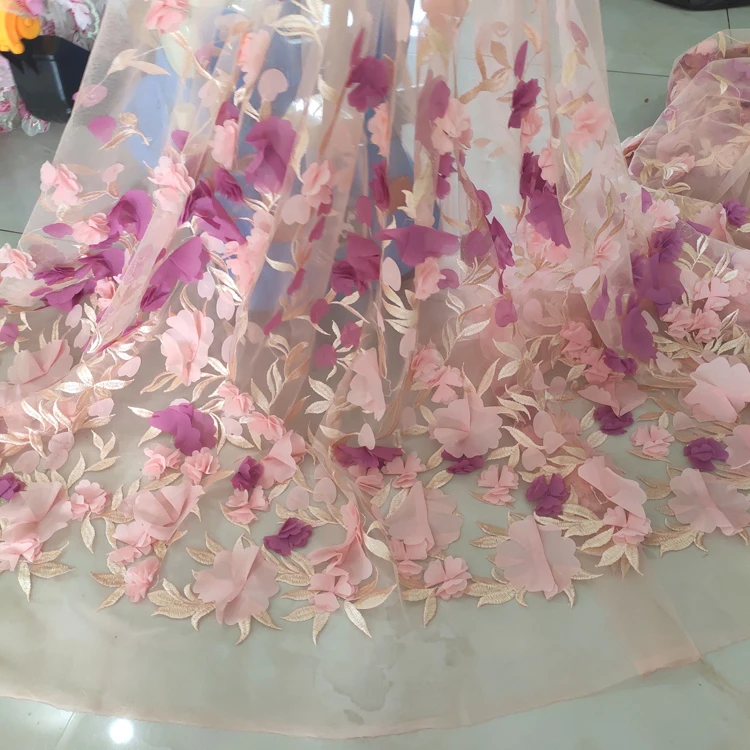 3D Chiffon Flower Skirt Dress Wedding Lace Fabric Mesh Embroidered Lace Accessories Heavy Industry Designer Fabric Material view 2