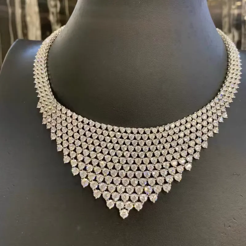 Bellux Women Luxury Full Pave Round Cut Cubic Zirconia Bib Necklace 925 Silver Bride Statement Necklace for Wedding Banquet