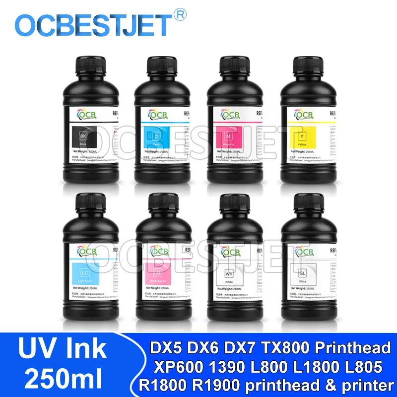 250ML LED UV Ink For DX4 DX5 DX6 DX7 DX10 TX800 XP600 Printhead For Epson 1390 L800 L1800 L805 R1800 R1900 UV Modified Printer