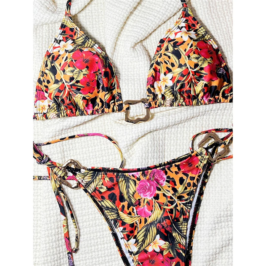 Leopard-Blumen-Halterneck-Bikini mit hohem Beinausschnitt, Damen-Badeanzug, zweiteiliges Bikini-Set, Badebekleidung, Badeanzug, Schwimmbekleidung V6270 – Detail 13