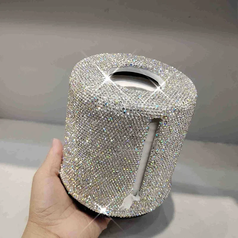 Sparkling Diamond Roller Tissue Box Circular Roll Paper Home Decor Living Room Bedroom Tissue Storage Box Bathroom Accessories