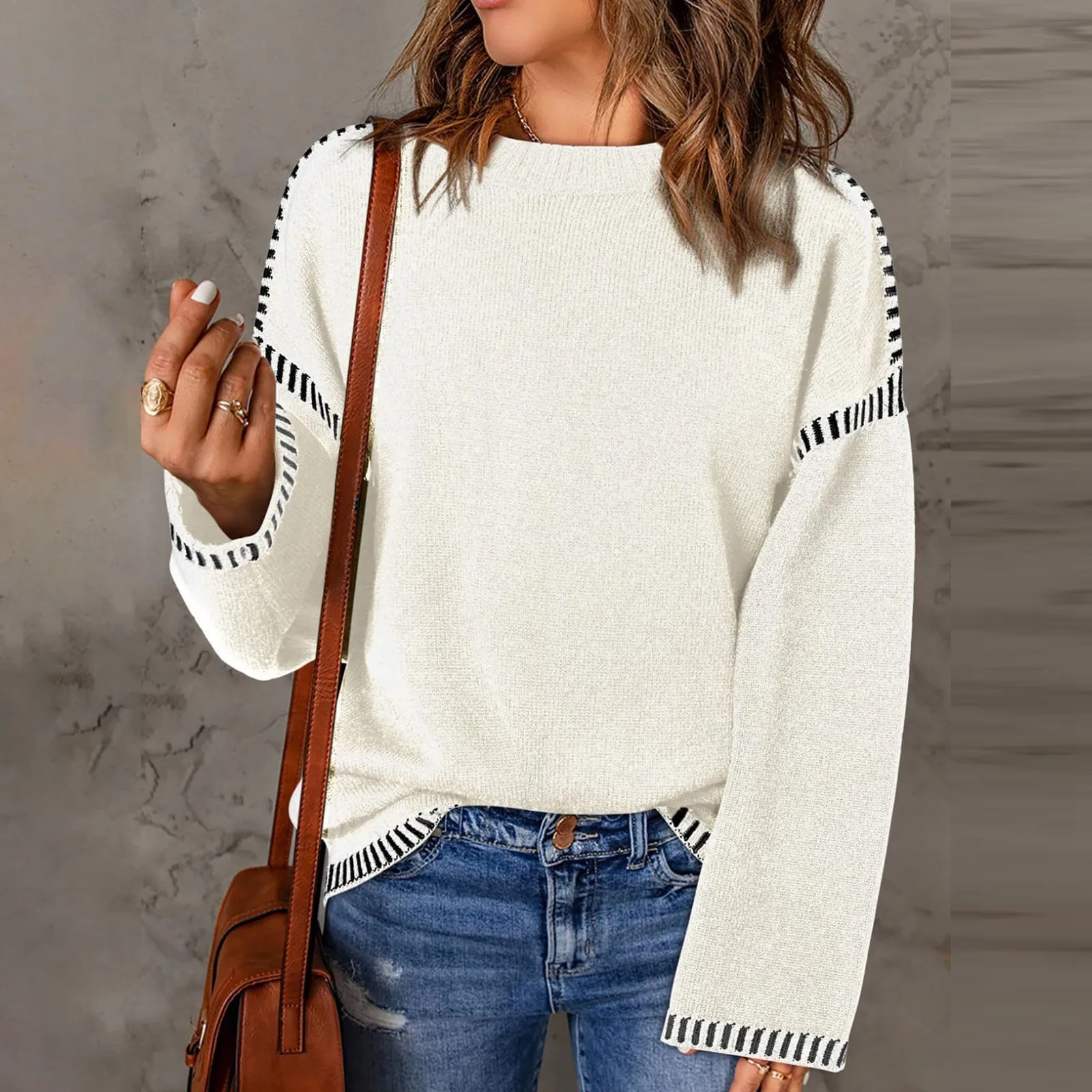 Casual Color Blocking Long Sleeved Knitted Pullover Elegant Patchwork Warm Sweater Autumn Winter Women O-neck Loose Sweater Top