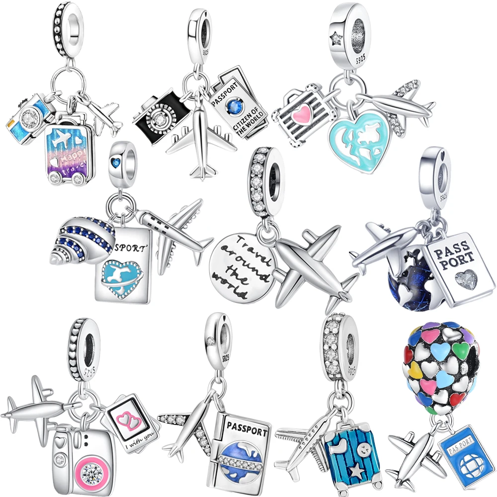 

Travel Series 925 Sterling Silver Aircraft&Luggage&Stamps Triple Dangle Charm Fit DIY Bracelet Neckla Commemorative Gift Pendant