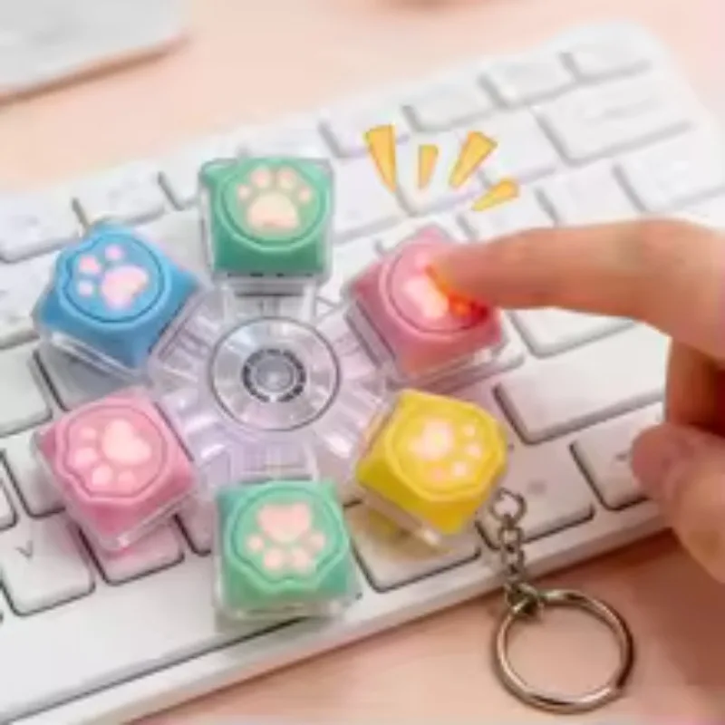 Keyboard-Style Silicone Cat Paw Clicker Keychain with LED Light Glowing Stress Relief Fidget Toy Button for Anxiety Portable